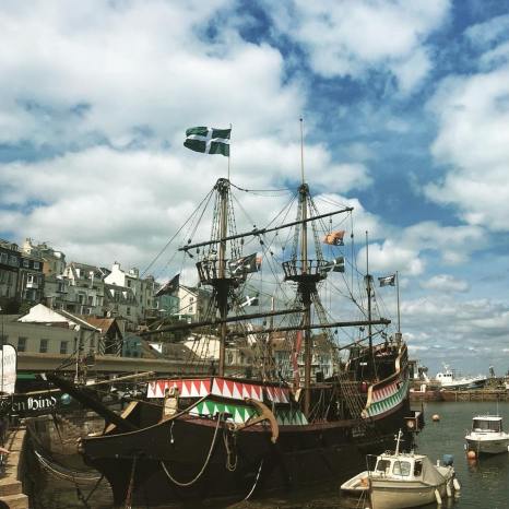 The flag of Devon over the Golden Hind, Brixham