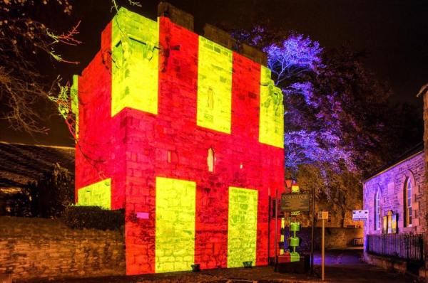 'The Pele', Corbridge, Northumberland, wrapped in the county flag.
