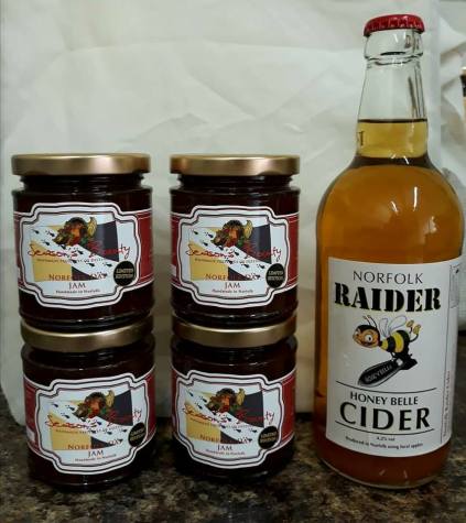 Norfolk county flag (and bumblebee!) on a selection of Norfolk jams and cider.