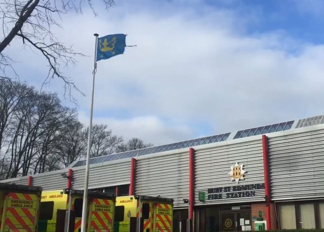 The county flag of Suffolk flying at Bury Saint Edmunds fire station